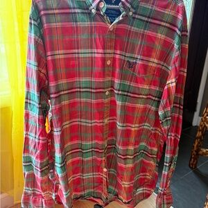 American Eagle Men’s XL Plaid Button-Down Shirt – Coral Teal Classic Fit